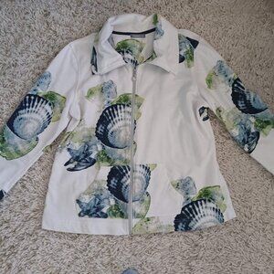 Threehearts Seashell Print Zip Jacket Womens L Coastal Beach Cotton Blend White